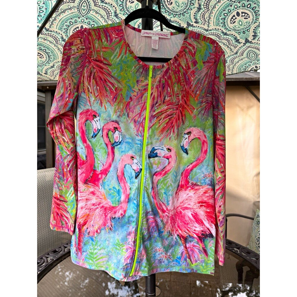 LEOMA LOVEGROVE TUNIC TOP S, LS, ZIP FRONT, ROUND NECK, FLAMINGO, MULTI
